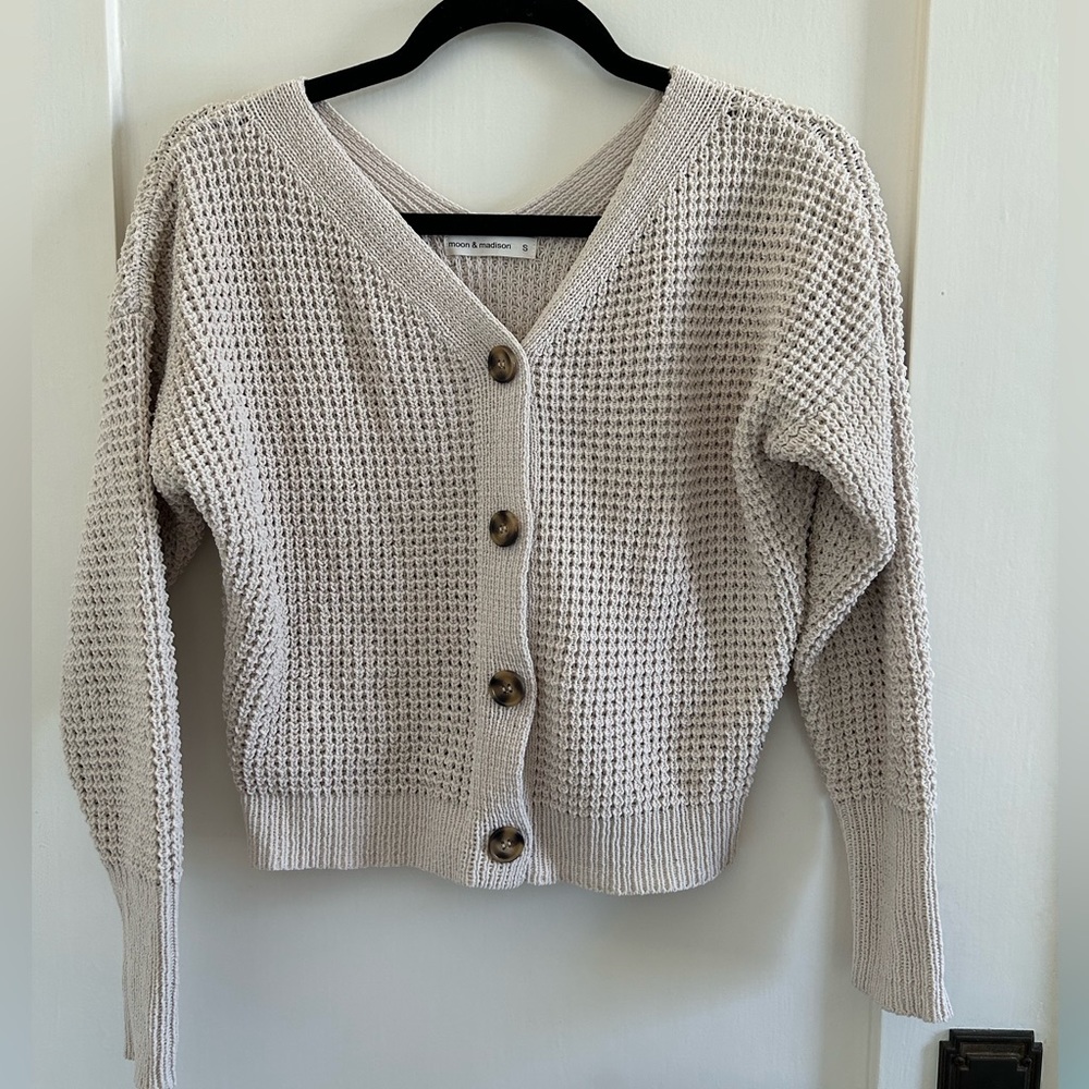 Moon & Madison Tan Knit Button Crop Cardigan